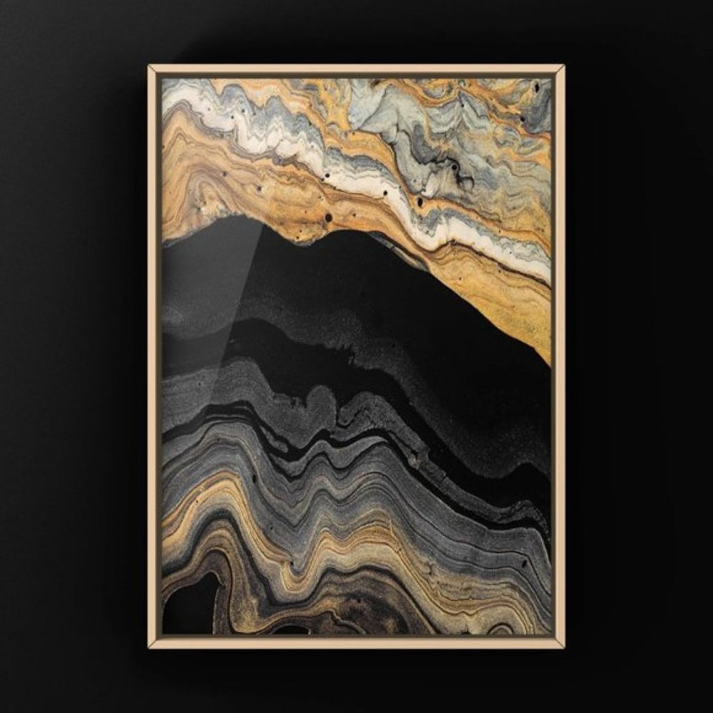 Deep Grey, Gold & Black luxury Abstract Art Print